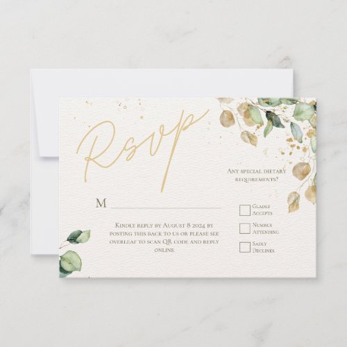 Rustic Elegant Eucalyptus Gold Script RSVP Card