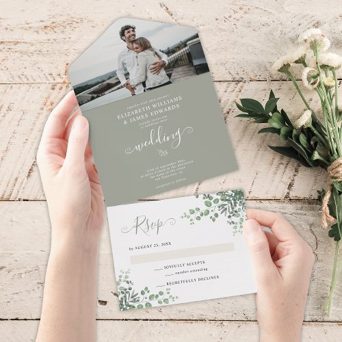 Rustic Elegant Eucalyptus Greenery Photo Wedding All In One Invitation