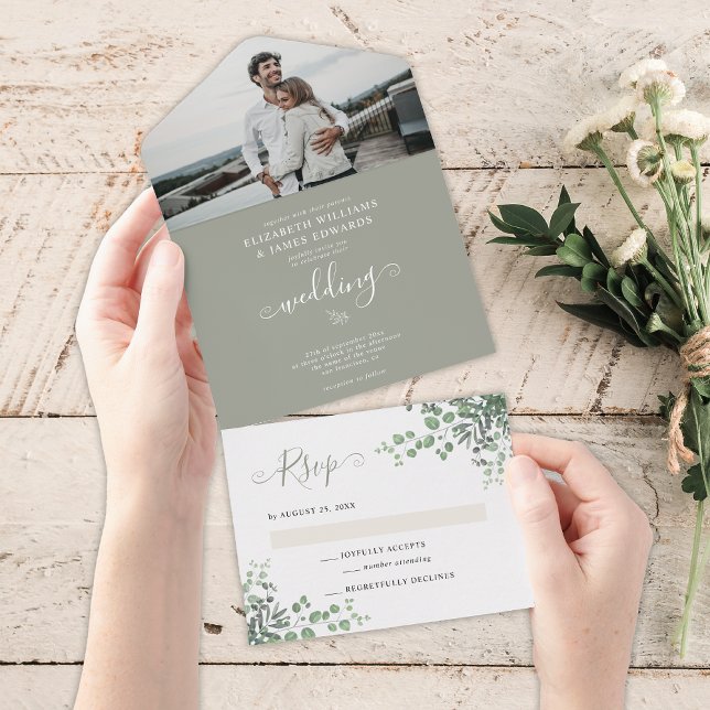 Rustic Elegant Eucalyptus Greenery Photo Wedding All In One Invitation (Creator Uploaded)