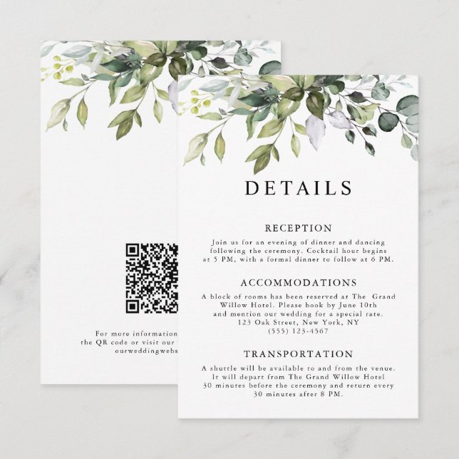 Rustic Elegant Eucalyptus Leaves QR Code Wedding Enclosure Card (Front/Back)