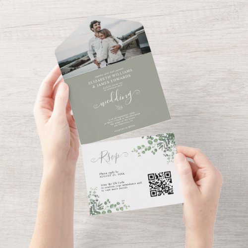 Rustic Elegant Eucalyptus Photo QR Code Wedding All In One Invitation