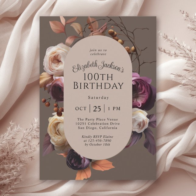 Rustic Elegant Fall Floral 100th Birthday Party Invitation (Available in both printed and instant download digital formats.)