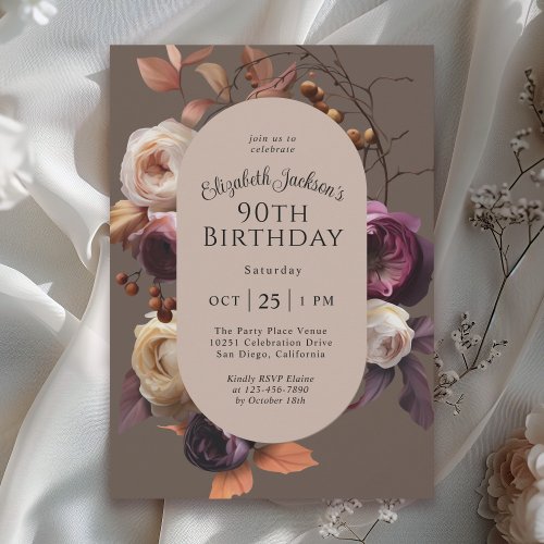 Rustic Elegant Fall Floral 90th Birthday Party Invitation