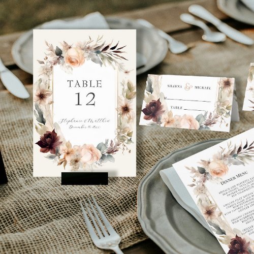 Rustic Elegant Fall Muted Floral BOHO Wedding Table Number