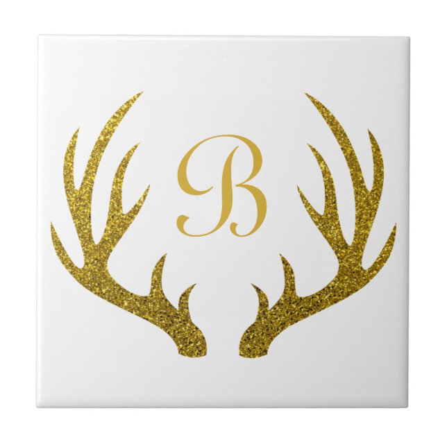 Rustic Elegant Faux Gold Glitter Deer Antlers Ceramic Tile (Front)