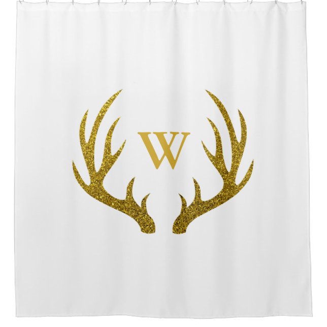 Rustic Elegant Faux Gold Glitter Deer Antlers Shower Curtain (Front)