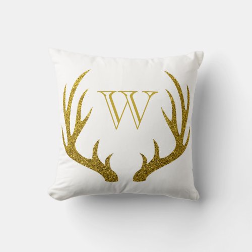 Rustic Elegant Faux Gold Glitter Deer Antlers Throw Pillow