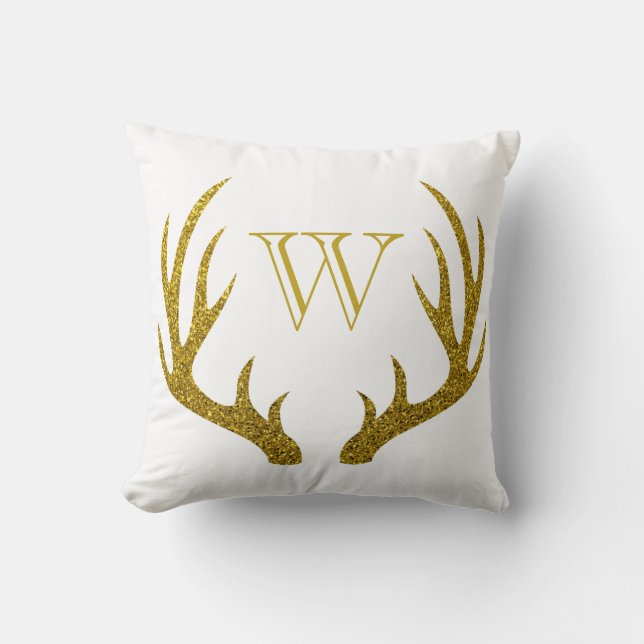 Rustic Elegant Faux Gold Glitter Deer Antlers Throw Pillow (Front)