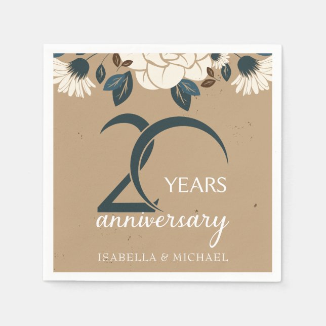 Rustic Elegant Floral 20th Wedding Anniversary Napkins (Front)