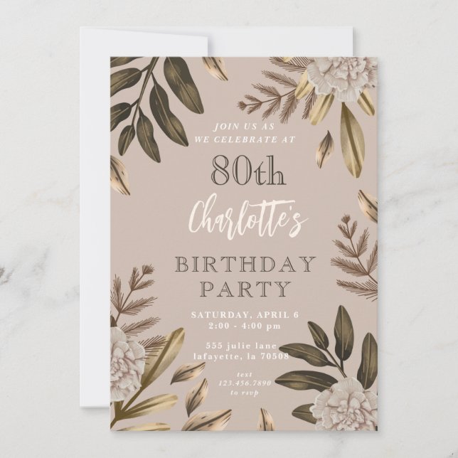 Rustic Elegant Floral 80th Birthday Invitations (Front)