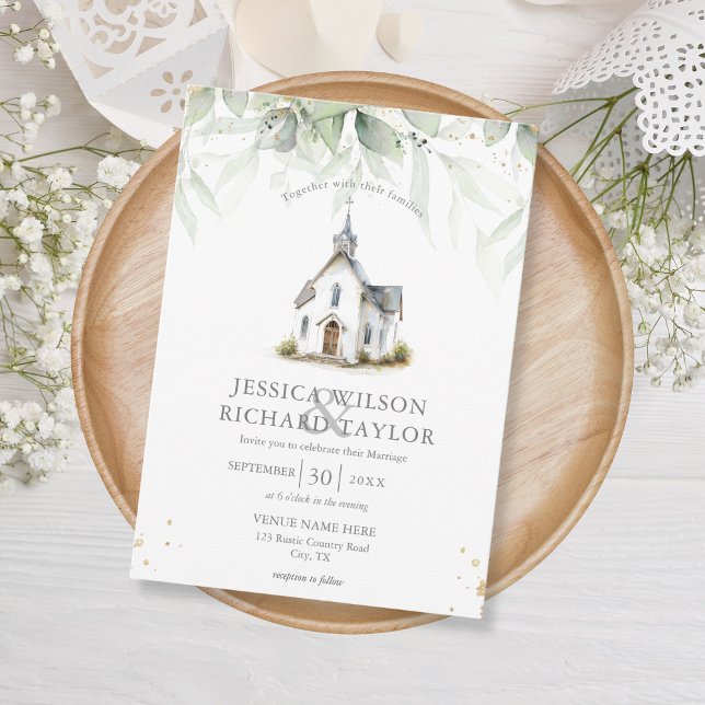 Rustic Elegant Floral Catholic Church Chapel  Invitation (WATERCOLOR CHURCH CHAPEL)
