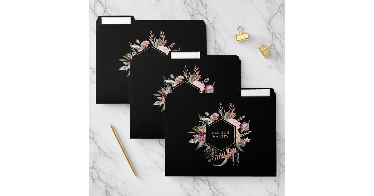 Rustic Elegant Floral on Geometric Frame Black File Folder | Zazzle