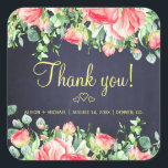 Rustic elegant floral red navy wedding thank you square sticker<br><div class="desc">Elegant chic favor sticker featuring rustic big blush pink garden and coral red roses borders with sage green foliage, three small golden hearts, and an editable thank you script on a dark midnight navy blue chalkboard background. Ideal for spring or summer garden autumn fall elegant rustic country classy outdoor backyard...</div>