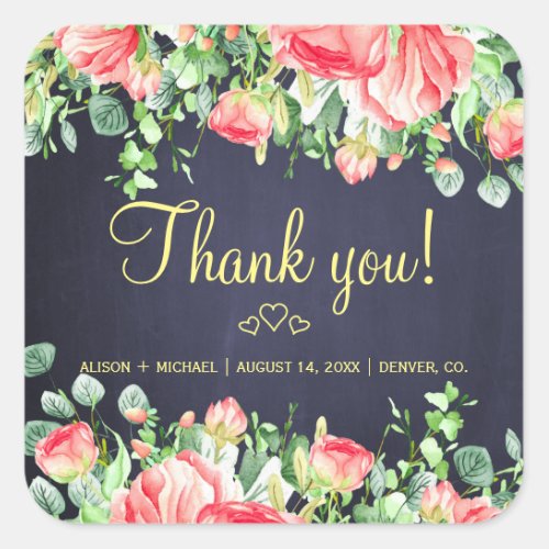 Rustic elegant floral red navy wedding thank you square sticker