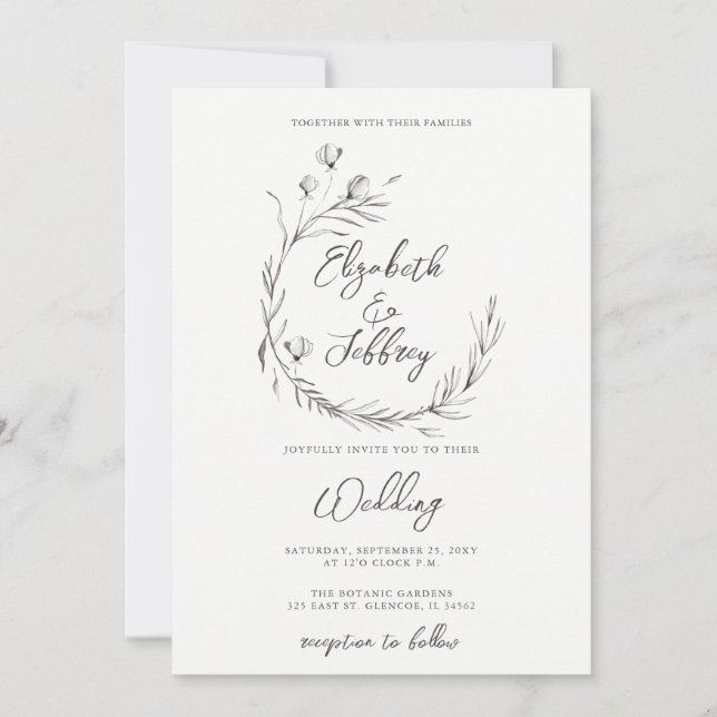 Rustic Elegant Floral Sketch Wedding Invitation (Front)