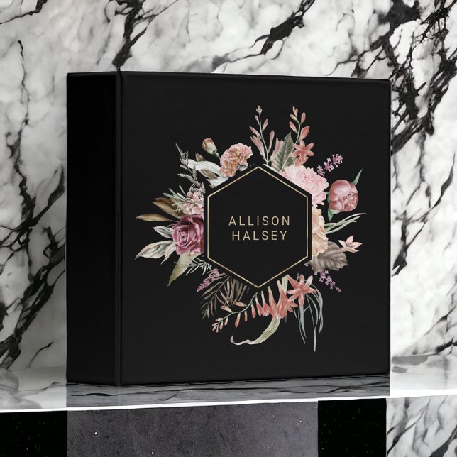 Rustic Elegant Floral with Geometric Frame 3 Ring Binder (A beautifully feminine and elegant 3-ring binder for work, home, or school.)