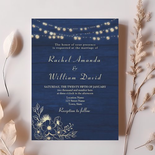 Rustic Elegant Formal Navy Blue Wedding Invitation