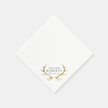 Rustic & Elegant Gold Antler | Custom Name Wedding Napkins by RedefinedDesigns at Zazzle