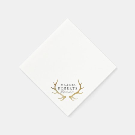 Rustic & Elegant Gold Antler | Custom Name Wedding Napkins