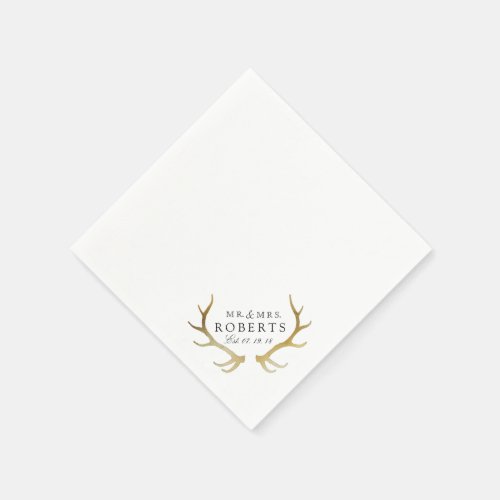 Rustic  Elegant Gold Antler  Custom Name Wedding Napkins