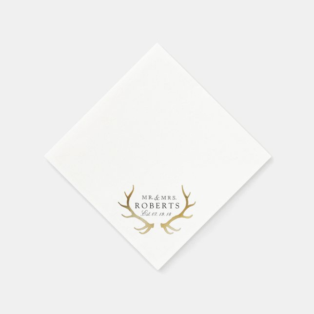 Rustic & Elegant Gold Antler | Custom Name Wedding Napkins (Corner)