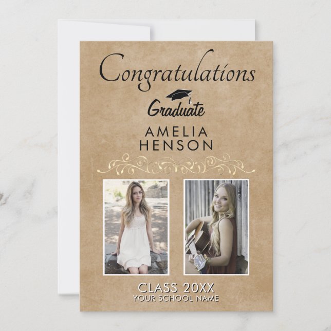 Rustic Elegant Gold Ornament 2 Photo Graduation Card (Front)