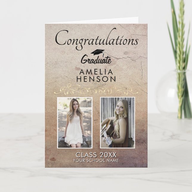 Rustic Elegant Gold Ornament 2 Photo Graduation Card (Front)