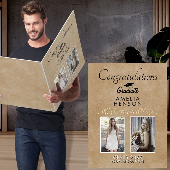 Rustic Elegant Gold Ornament 2 Photo Graduation  Card (Creator Uploaded)