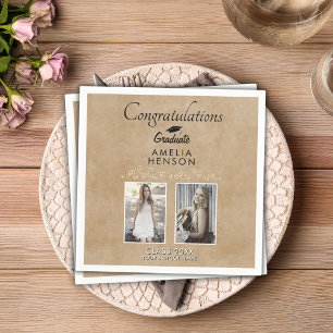 Rustic Elegant Gold Ornament 2 Photo Graduation Napkins