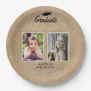 Rustic Elegant Gold Ornament 2 Photo Graduation Paper Plates