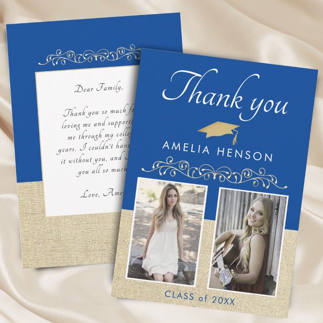 Rustic Elegant Gold Ornament 2 Photo Graduation  Thank You Card (Creator Uploaded)