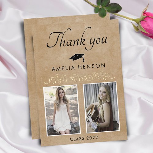 Rustic Elegant Gold Ornament 2 Photo Graduation  Thank You Card