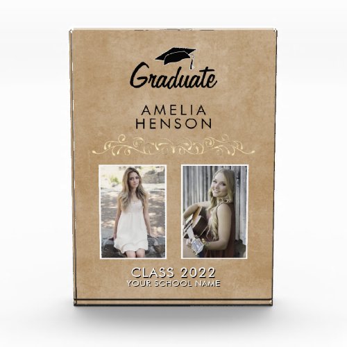 Rustic Elegant Gold Ornament Graduation 2 Photo Block