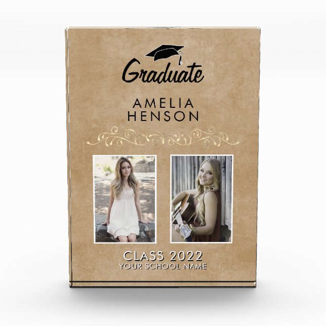 Rustic Elegant Gold Ornament Graduation 2 Photo Block (Front)