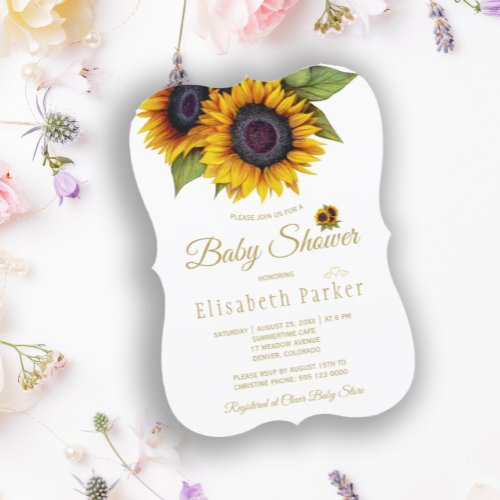 Rustic elegant gold sunflowers summer baby shower invitation