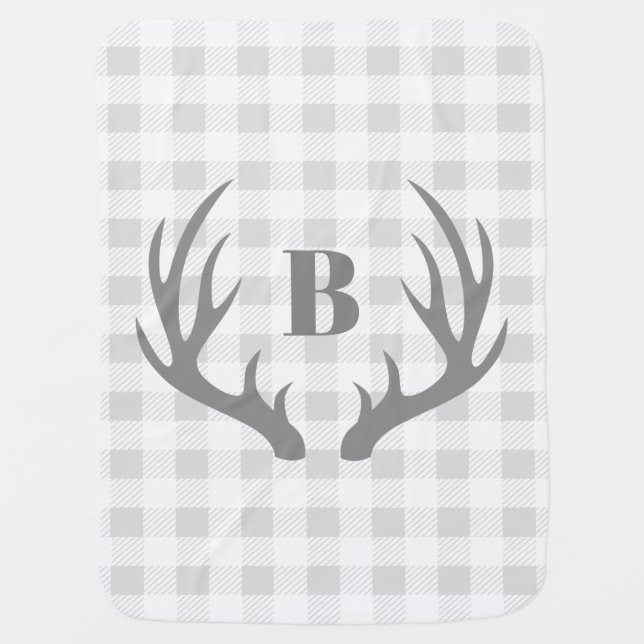 Rustic Elegant Gray Deer Antlers & White Plaid Baby Blanket (Front)