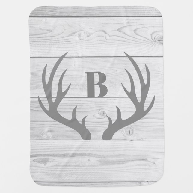 Rustic Elegant Gray Deer Antlers & White Wood Baby Blanket (Front)