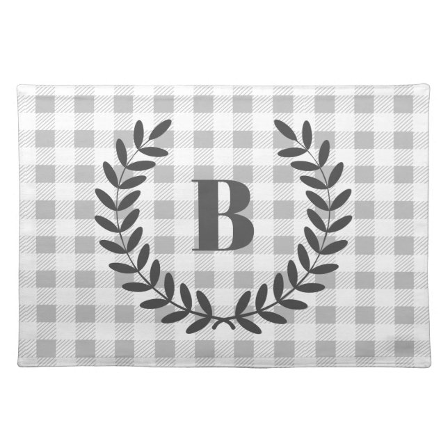 Rustic Elegant Gray Farmhouse Laurels White Plaid Cloth Placemat (Front)