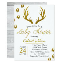 Rustic Elegant Gray Wood Gold Antlers Baby Shower Invitation