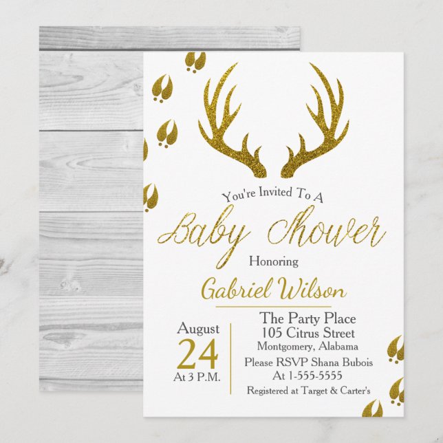 Rustic Elegant Gray Wood Gold Antlers Baby Shower Invitation (Front/Back)
