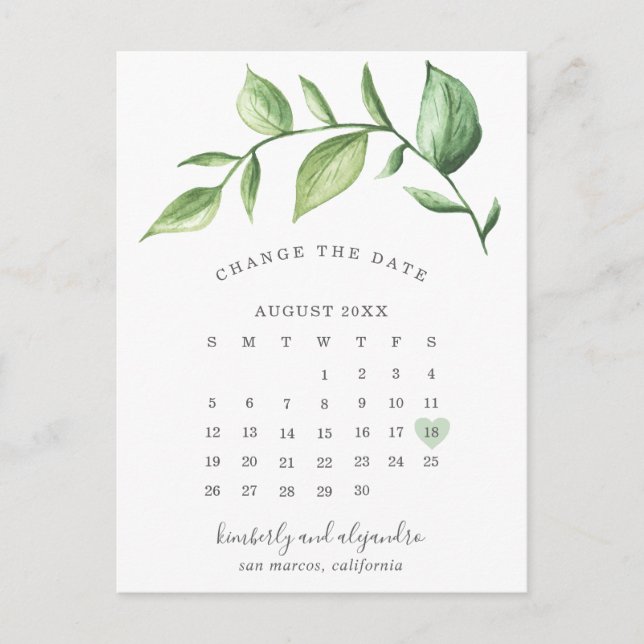 Rustic Elegant Greenery Calendar Change the Date Announcement Postcard (Front)