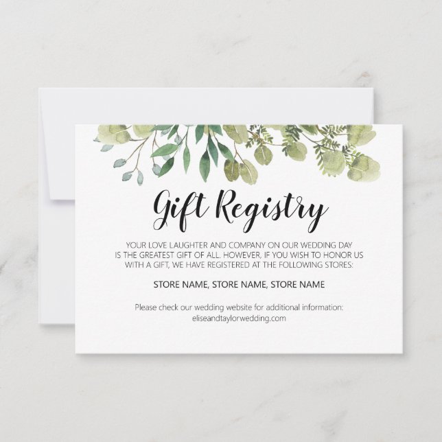 Rustic Elegant Greenery Gift Registry Card (Front)