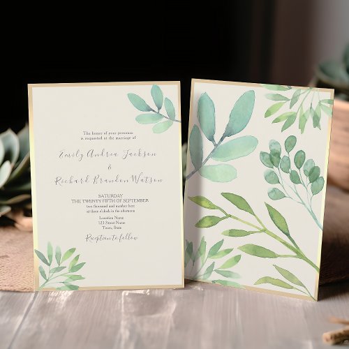 Rustic Elegant Greenery Gold Wedding Invitation