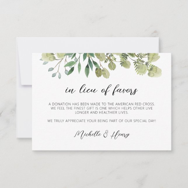 Rustic Elegant Greenery In Lieu of Favors Card (Front)