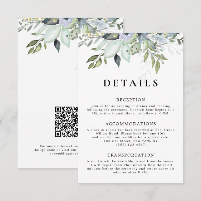 Rustic Elegant Greenery QR Code Wedding Details Enclosure Card (Front/Back)
