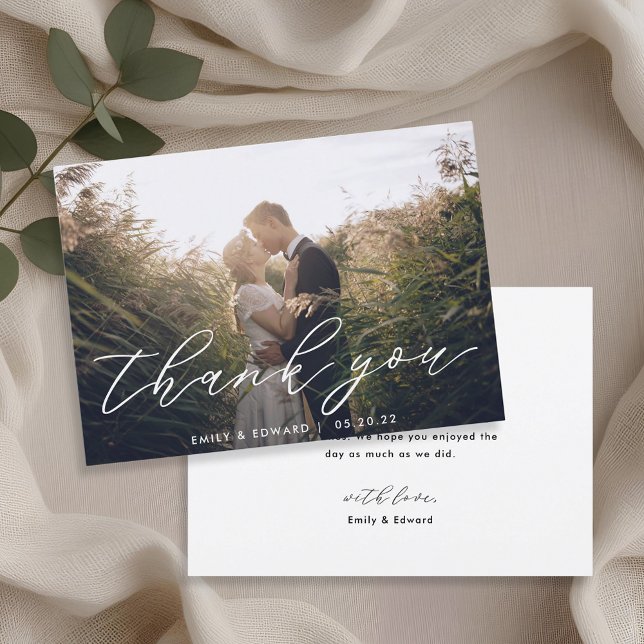 Rustic Elegant Hand Script Photo Wedding Thank You Card (Creator Uploaded)