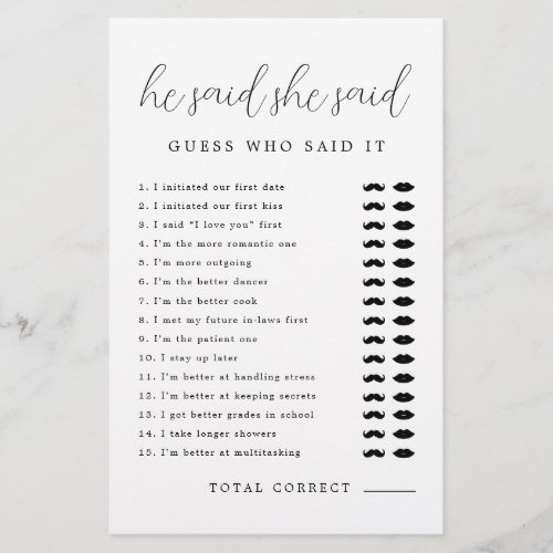 Rustic Elegant He Said She Said Bridal Shower Game