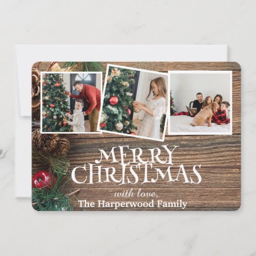 Rustic Elegant Joy Christmas Family Photo Collage Holiday Card