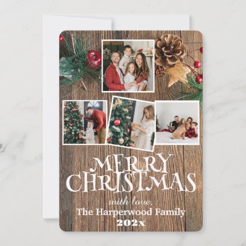 Rustic Elegant Joy Christmas Family Photo Collage Holiday Card