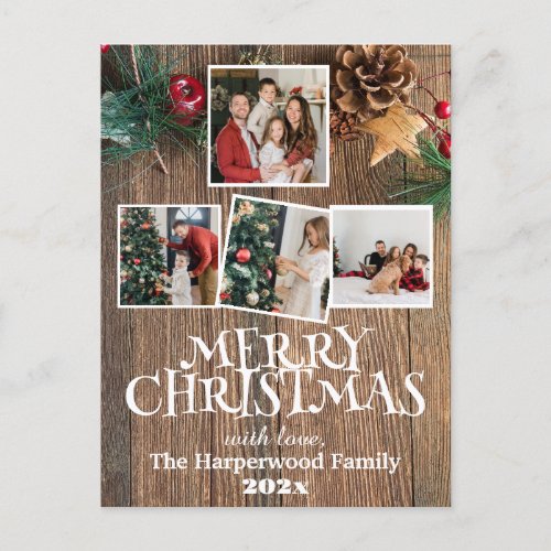 Rustic Elegant Joy Christmas Family Photo Collage Holiday Postcard